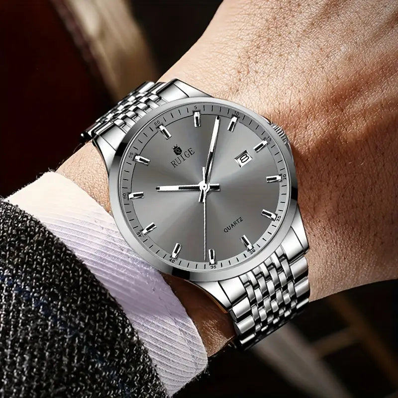 RUIGE Men's Sleek Quartz Watch - Stainless Steel Band